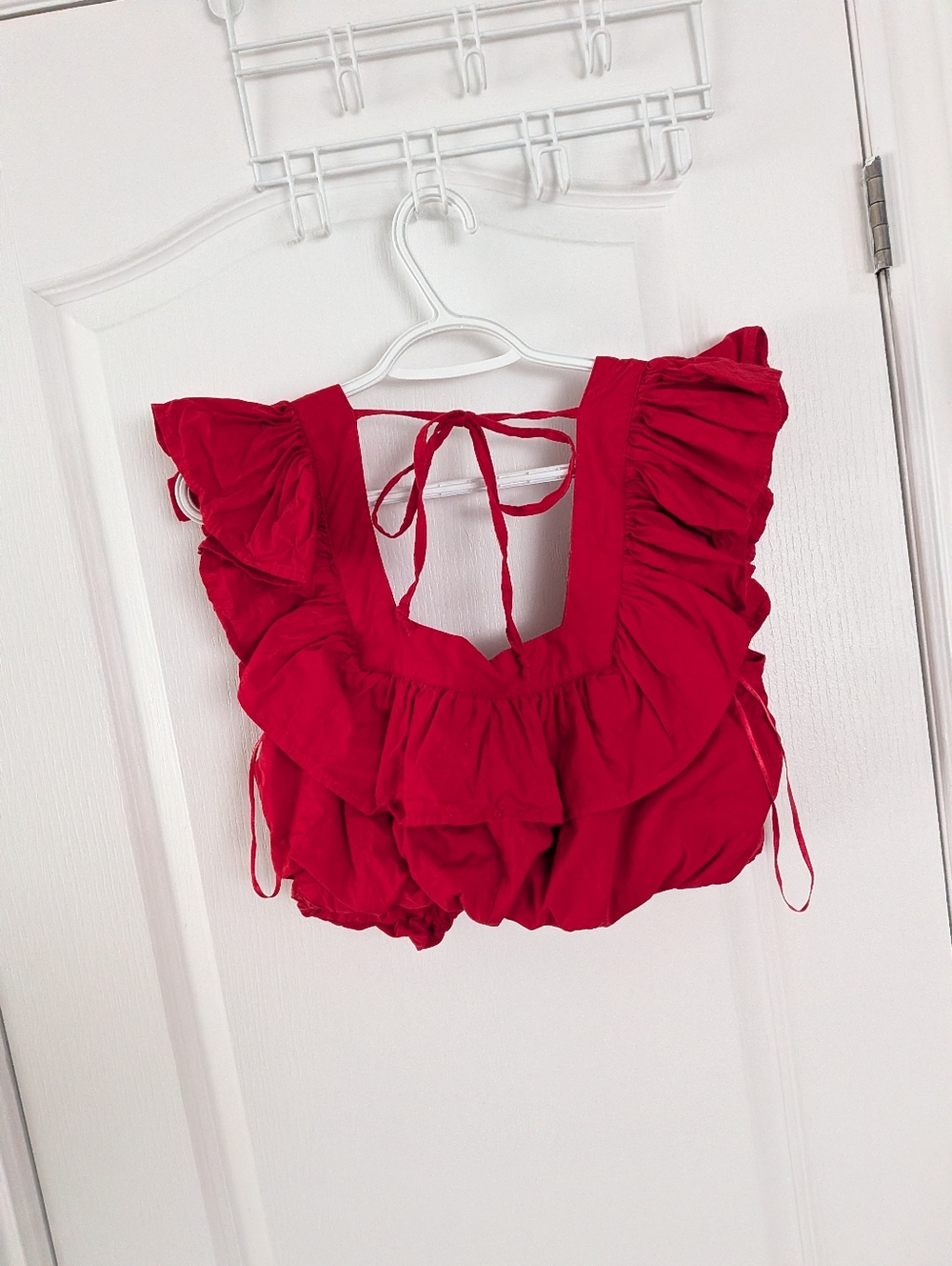 Japna Poppy Red Puff Ruffle Blouse Coastal Boho Summer Crop Top medium - Picture 4 of 8